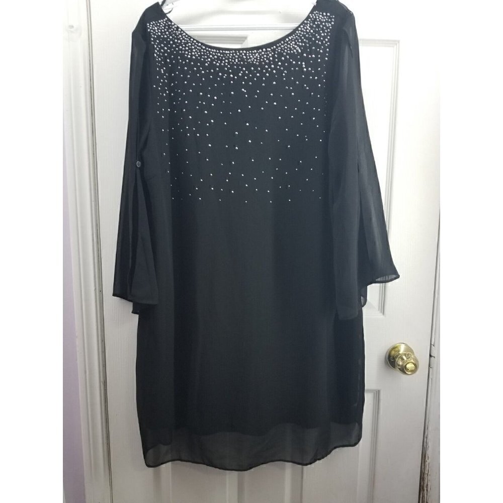 Teaberry Black Shift Dress With Peekaboo Sleeves And Metal Beading Size 14